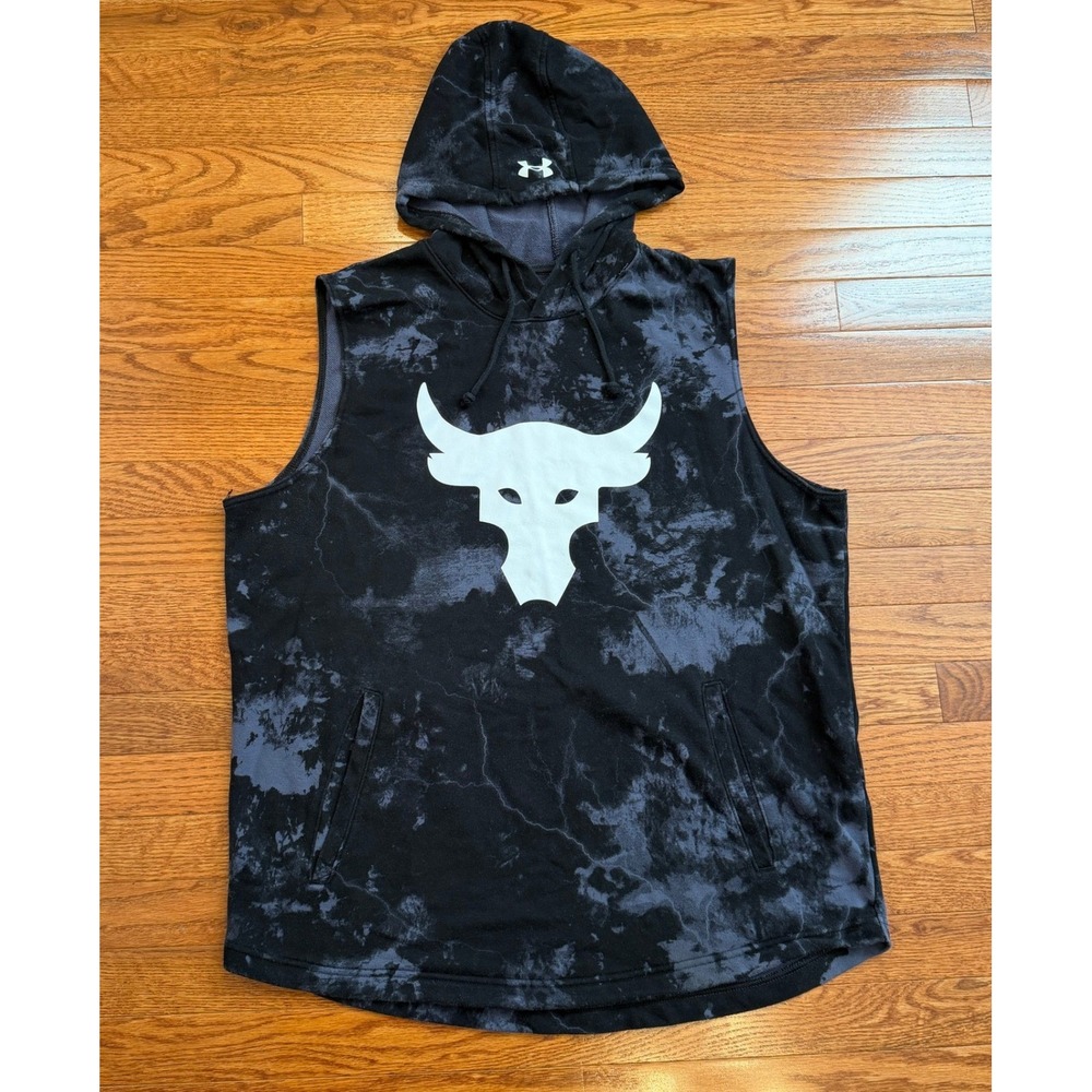 Under Armour Project Rock Sleeveless Hoodie Mens XL Black Tie Dye Brahma Bull